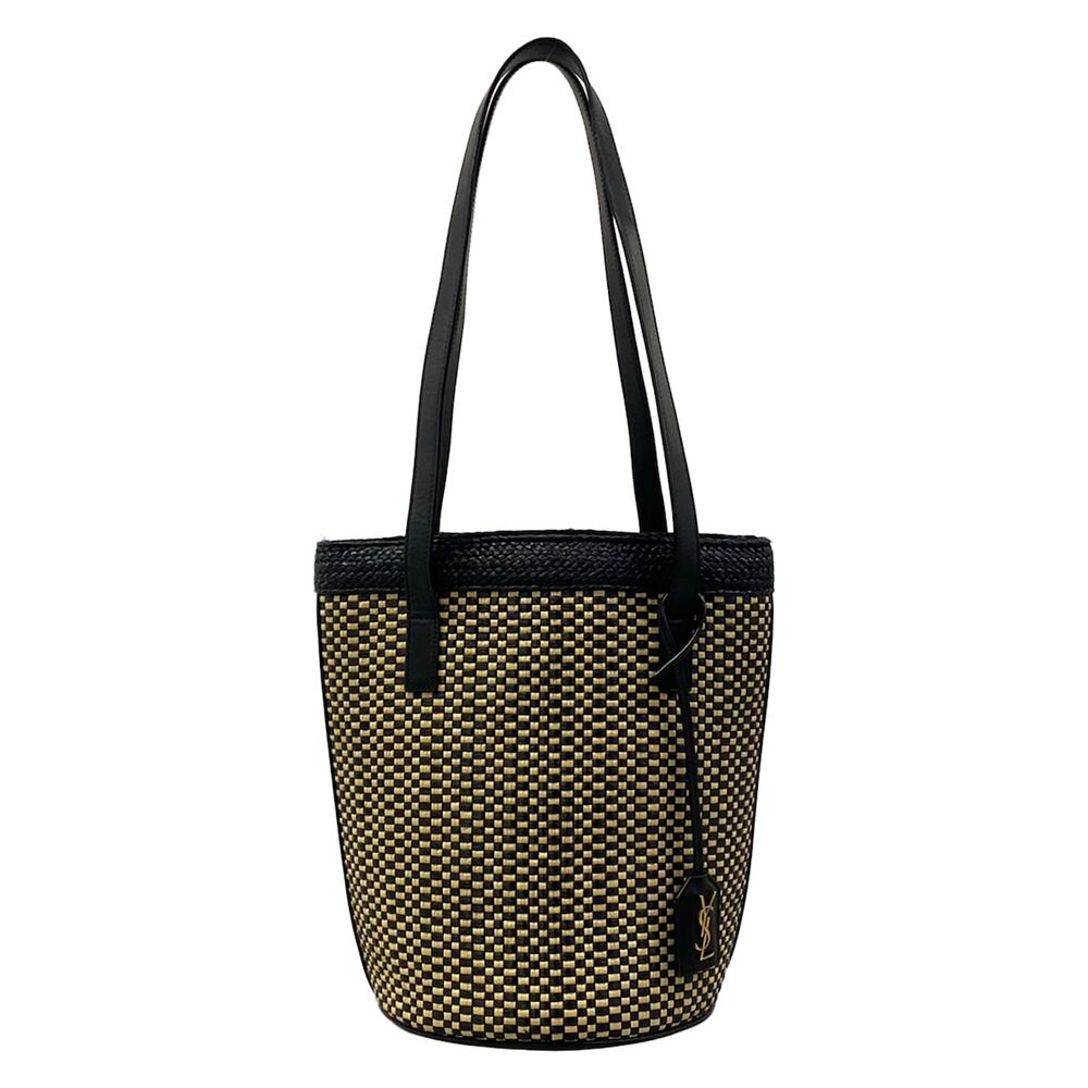 Saint Laurent PARIS Panier Small Tote Bag Black Cream Raffia Leather